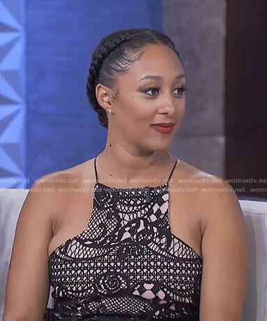 Tamera’s black halter neck lace dress on The Real
