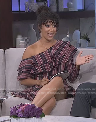 Tamera’s red and blue striped one shoulder dress on The Real
