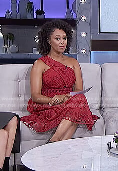 Tamera’s red one-shoulder lace dress on The Real