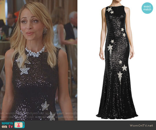 Sleeveless Star-Embellished Sequin Evening Gown by Theia worn by Portia Scott-Griffith (Nicole Richie) on Great News