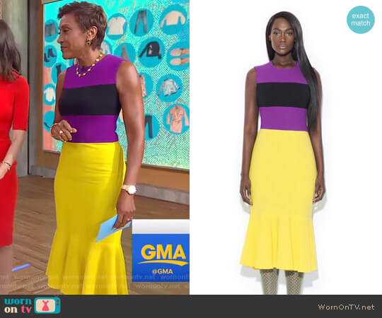 Wornontv Robin S Purple And Yellow Dress On Good Morning America Purple Yellow Black Color Blocking Dress By Tristan Arch Worn Robin Roberts On