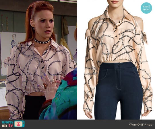 Alexander Wang Cropped Cold-Shoulder Chain-Print Blouse worn by Sally Spectra (Courtney Hope) on The Bold and the Beautiful