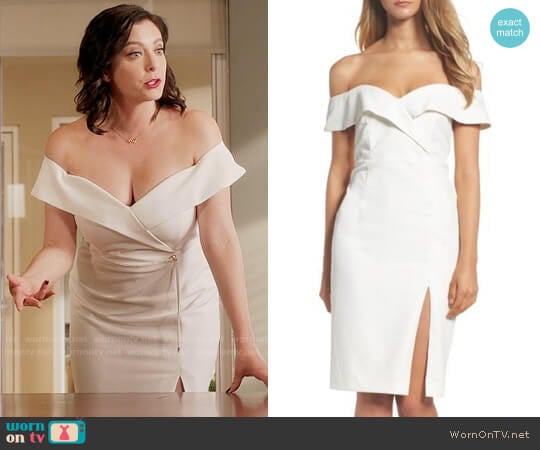 Bardot Bella Dress in White worn by Rebecca Bunch (Rachel Bloom) on Crazy Ex-Girlfriend