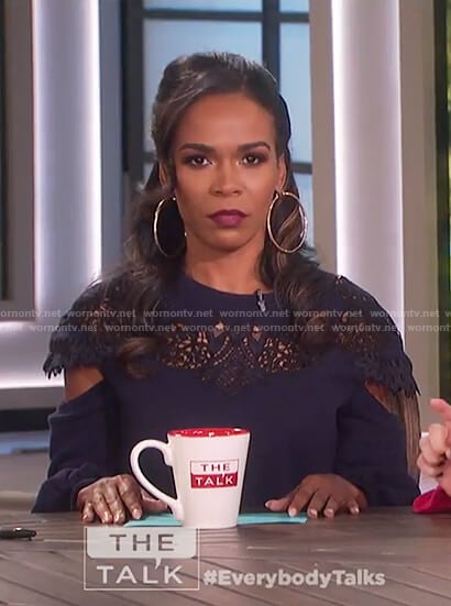 Michelle Williams’s blue lace inset sweater top on The Talk