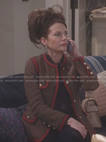 Karen's tweed red trim jacket with embroidered tiger back on Will and Grace