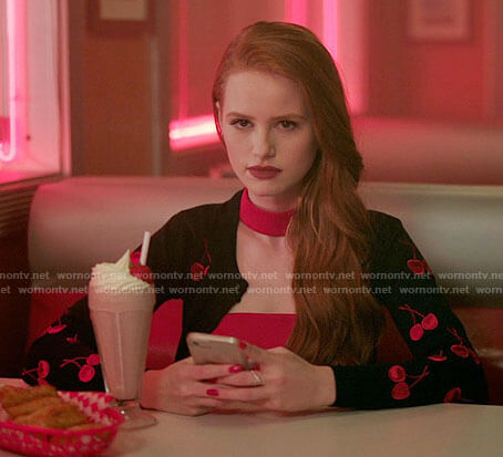 Cheryl's red choker top and cherry embroidered cardigan on Riverdale