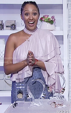 Tamera’s pink one shoulder ruffle top on The Real