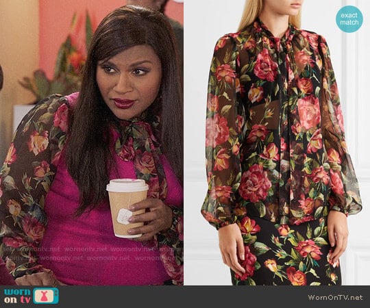 Dolce & Gabbana Rose pussy-bow printed silk-chiffon blouse worn by Mindy Lahiri (Mindy Kaling) on The Mindy Project