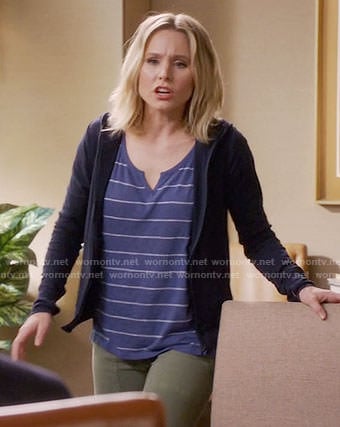 Eleanor’s blue striped split-neck tee on The Good Place