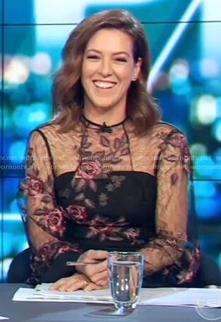 Gorgi’s black lace embroidered floral dress on The Project