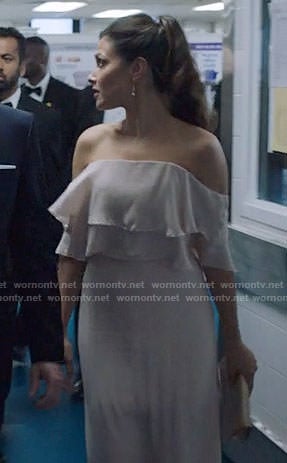 Emily’s blush off-shoulder ruffled gown on Designated Survivor