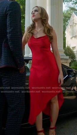 Fallon’s red asymmetric slinky dress on Dynasty