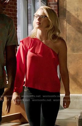 Felicity's red one-shoulder ruffled top on Arrow