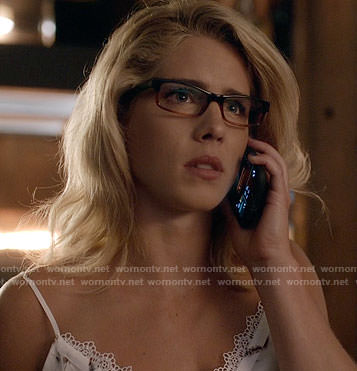 Felicity's white feather print lace-trim cami on Arrow