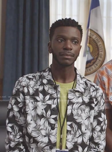 Jermaine’s black and white floral print jacket on The Mayor