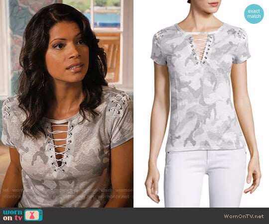 Generation Love Hugo Short Sleeve Lace-Up Top worn by Xiomara Villanueva (Andrea Navedo) on Jane the Virgin