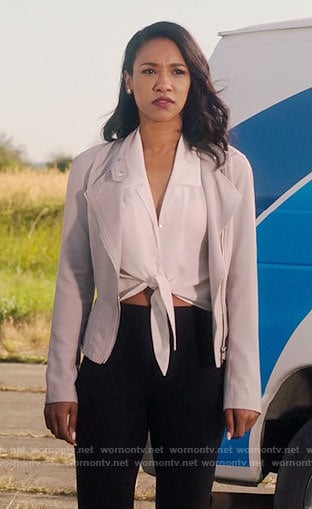 Iris's white tie-front top and grey jacket on The Flash