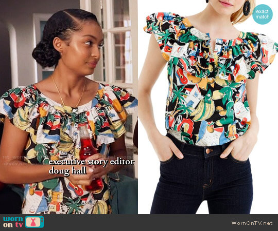 J. Crew Postcard Print Ruffle Top worn by Zoey Johnson (Yara Shahidi) on Black-ish