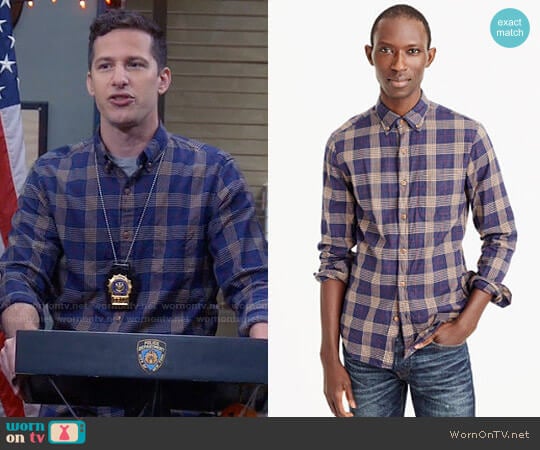 J. Crew Brushed Flannel Shirt in Plaid in Navy Sand worn by Jake Peralta (Andy Samberg) on Brooklyn Nine-Nine