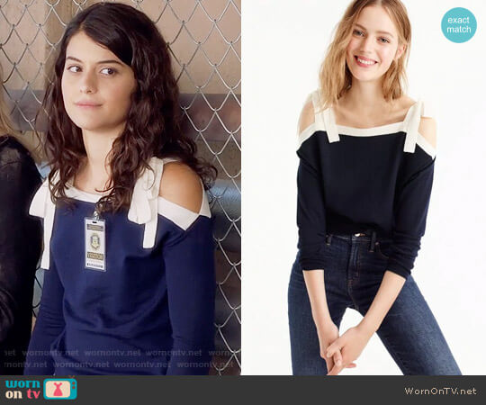 J. Crew Merino Wool Cold-Shoulder Sweater in Navy Parchment worn by Sabrina Pemberton (Sofia Black D'Elia) on The Mick