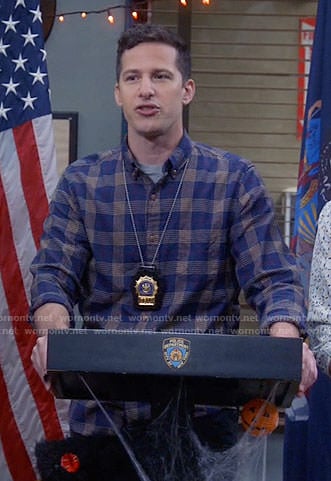 Jake's navy plaid shirt on Brooklyn Nine-Nine