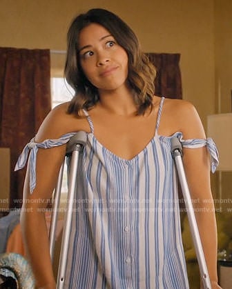 Jane’s blue striped tie-sleeve dress on Jane the Virgin