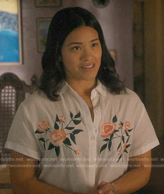 Jane’s white shirt with embroidered flowers on Jane the Virgin