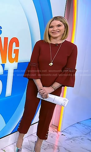 Jenna's red bell sleeve top with pearls and pants on Today