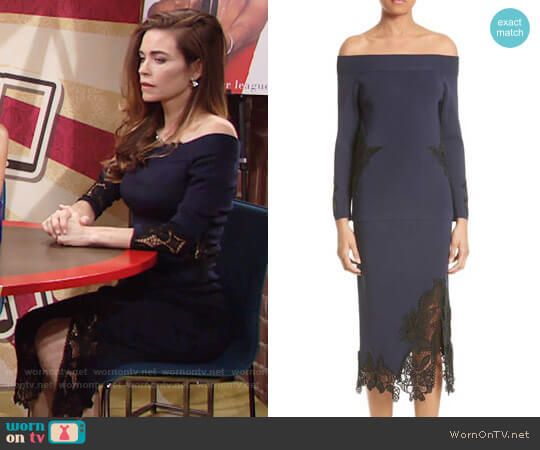 Jonathan Simkhai Lace Appliqué Off the Shoulder Top and Skirt worn by Victoria Newman (Amelia Heinle) on The Young and the Restless