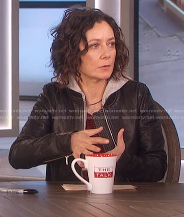 Sara's black hooded leather jacket and striped shirt on The Talk