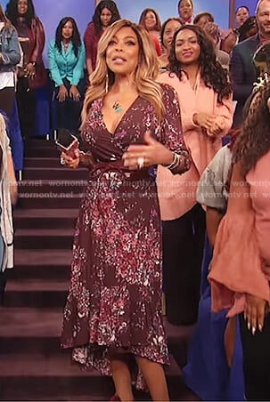 Wendy’s maroon floral print v-neck dress on The Wendy Williams Show