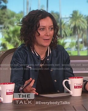 Sara’s metallic blue shameless bomber jacket on The Talk