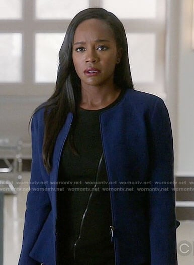 Michaela's black zip front dress and blue peplum jacket on How to Get Away with Murder