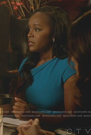 Michaela’s blue asymmetric neck dress on How to Get Away with Murder