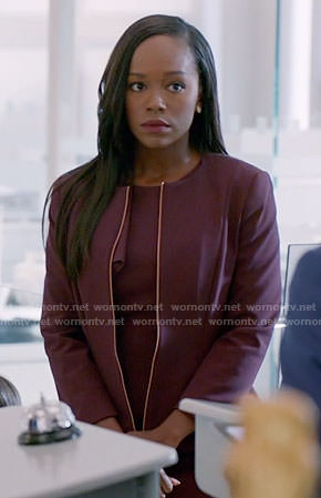 Michaela's burgundy dress and suit jacket on How to Get Away with Murder