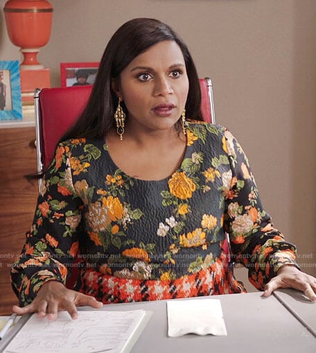 Mindy's black floral top and orange houndstooth skirt on The Mindy Project