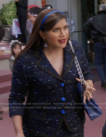 Mindy’s blue tweed skirt suit on The Mindy Project