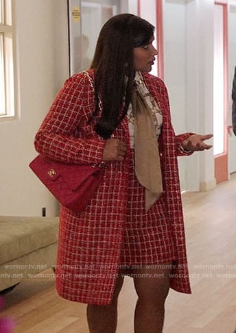 Mindy's red checked coat and skirt on The Mindy Project