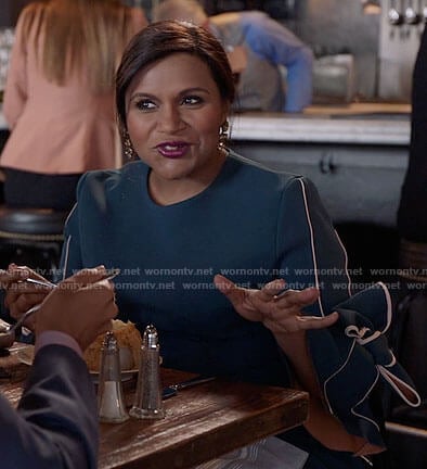 Mindy’s teal green bow sleeve dress on The Mindy Project