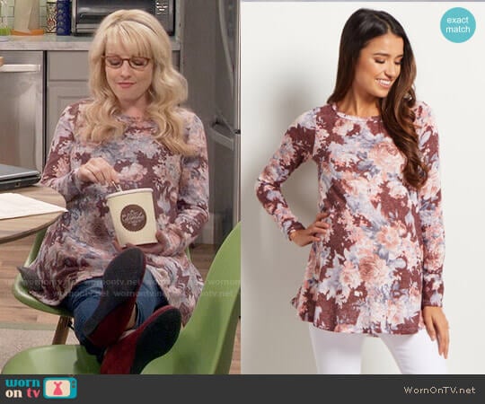 Pink Blush Burgundy Floral Print Maternity Knit Top worn by Bernadette Rostenkowski (Melissa Rauch) on The Big Bang Theory