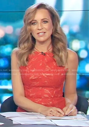 Carrie's red lace sleeveless dress on The Project