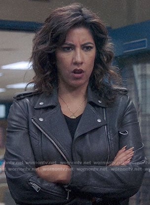 Rosa’s leather jacket with d-ring detail on Brooklyn Nine-Nine