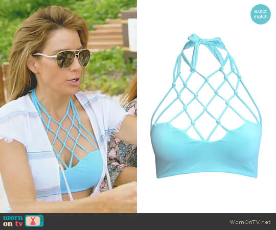 'Mermaid Dreams' Aqua High Neck Interlace Top by San Lorenzo worn by Cary Deuber on The Real Housewives of Dallas