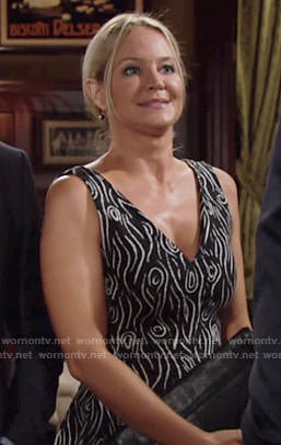 Sharon's black and white patterned v-neck dress on The Young and the Restless