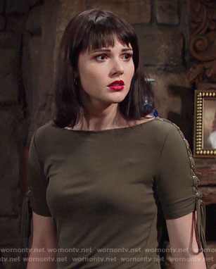 Tessa’s green top with lace-up sleeves on The Young and the Restless