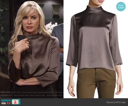 Vince Mock Neck Silk Blouse in Oil worn by Ashley Abbott (Eileen Davidson) on The Young and the Restless