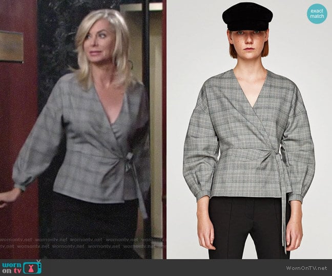 Zara Checked Wrap Blouse worn by Ashley Abbott (Eileen Davidson) on The Young and the Restless