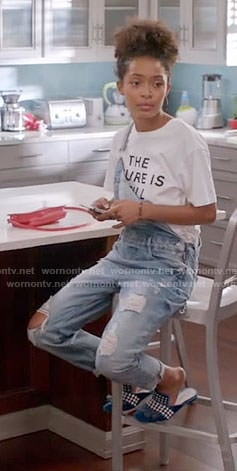 Zoey's 'The Future is still Female' T-shirt and denim overalls on Black-ish