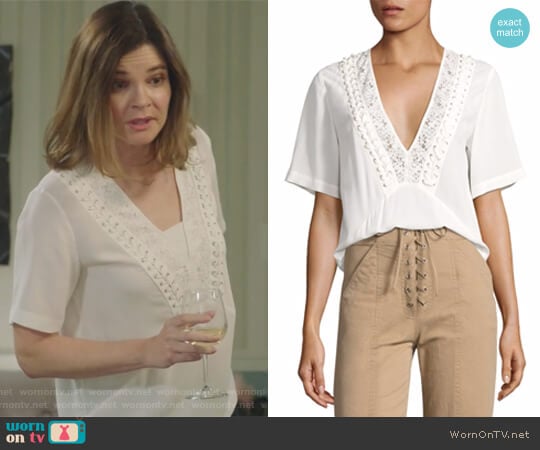 Annora Lace-Up Silk Top by ALC worn by Heather Hughes (Betsy Brandt) on Life in Pieces