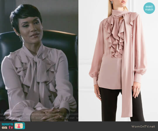 Pussy-bow ruffled silk-georgette blouse by Alexander McQueen worn by Anika Calhoun (Grace Gealey) on Empire